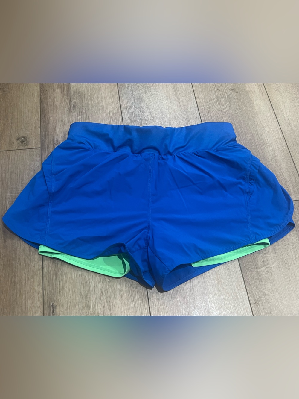 Fabletics Women's Royal Blue Running Shorts with Lime Inner Liner Large